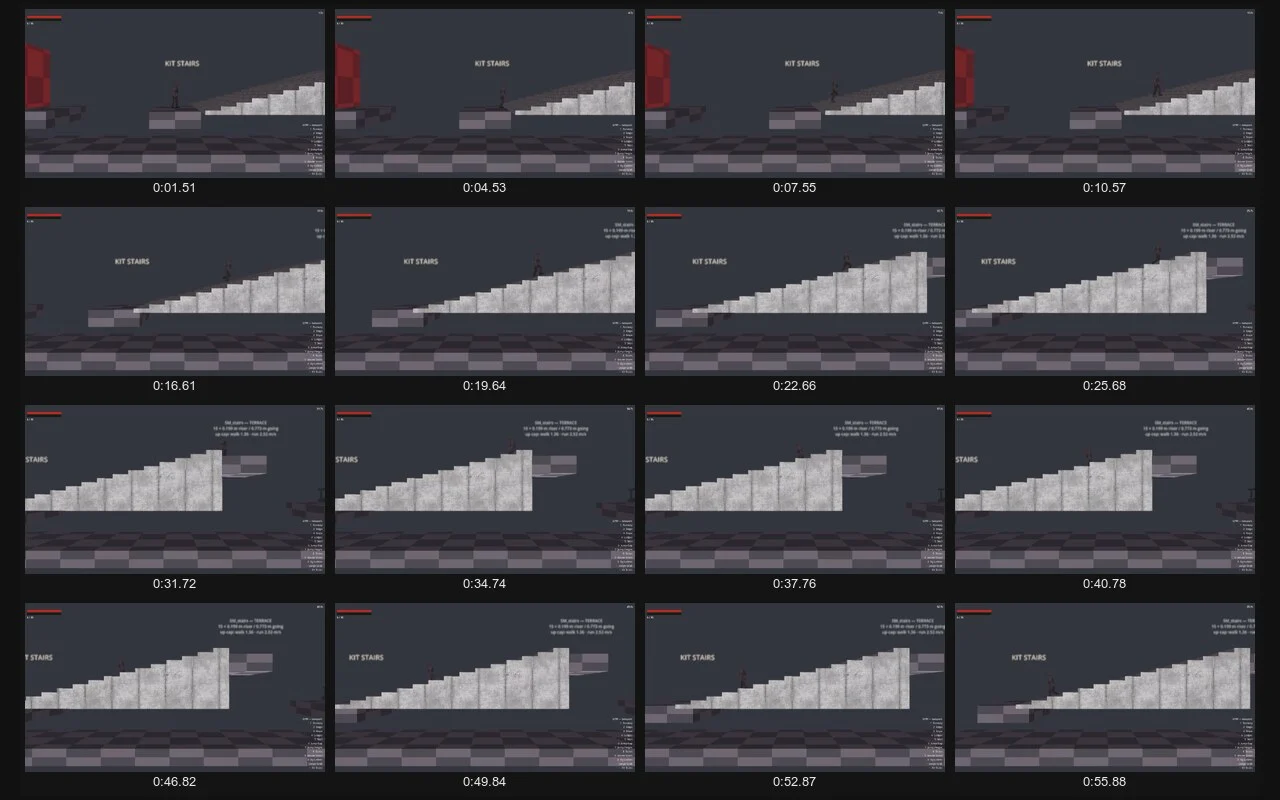 A contact sheet: sixteen timestamped frames from a rendered test clip, showing a character climbing a flight of concrete stairs in a grey test level.