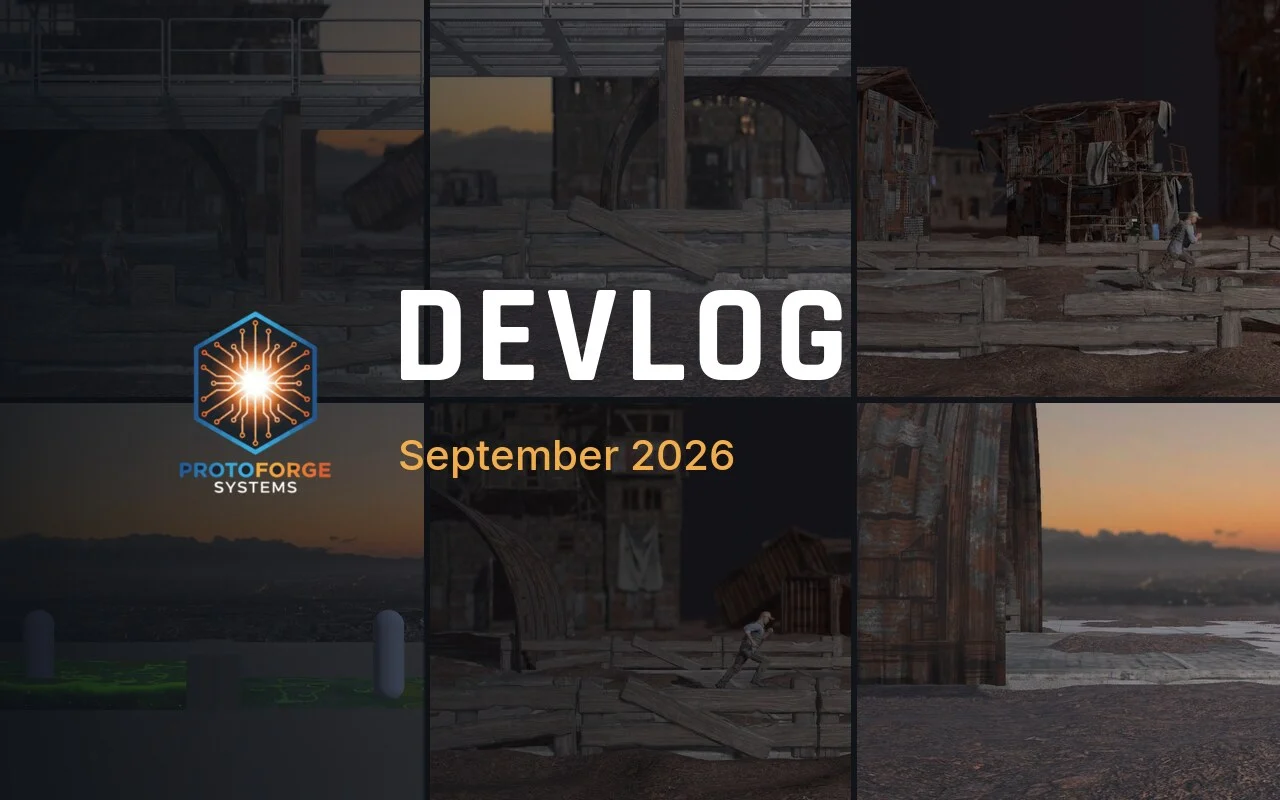 Devlog, September 2026: the ProtoForge Systems logo over a grid of six rendered frames from the game made that month.